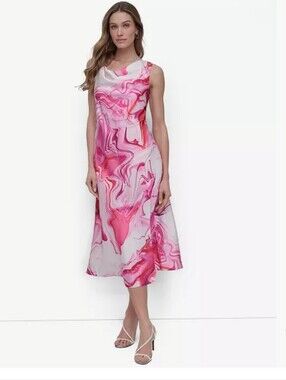 DKNY Pink Marble Print Sleeveless Dress Size 16 NWT Cowl Neck Midi Elegant